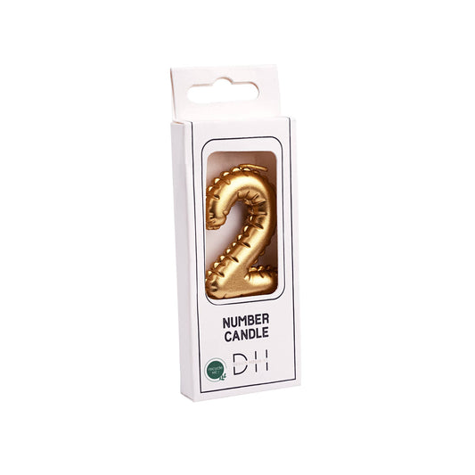 Vela con número 2, globos de aluminio foil, color dorado