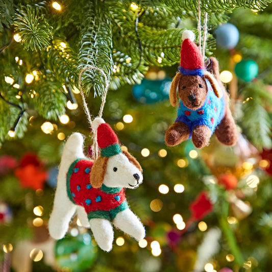 Perro de Fieltro con Jersey Azul Decoración de Navidad