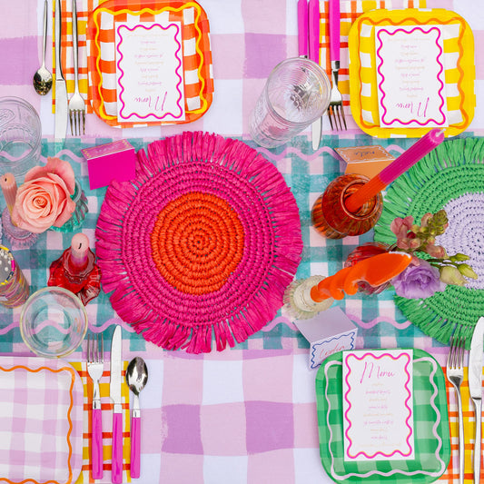 Manteles individuales de rafia de papel rosa y naranja para mesa - Paquete de 2