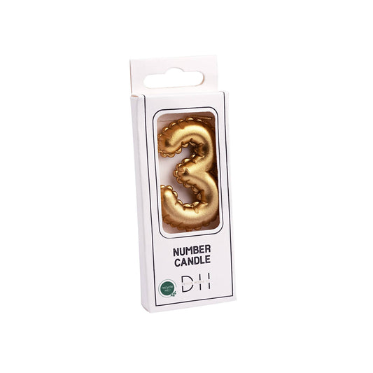 Vela número 3, 1 unidad, globo de aluminio foil, dorada