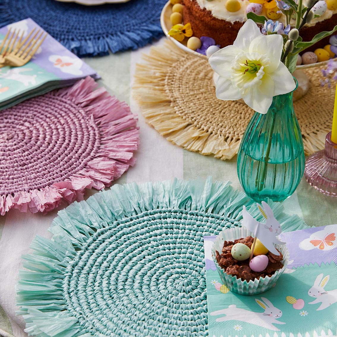 Juego de manteles individuales de rafia de colores, decoración de primavera