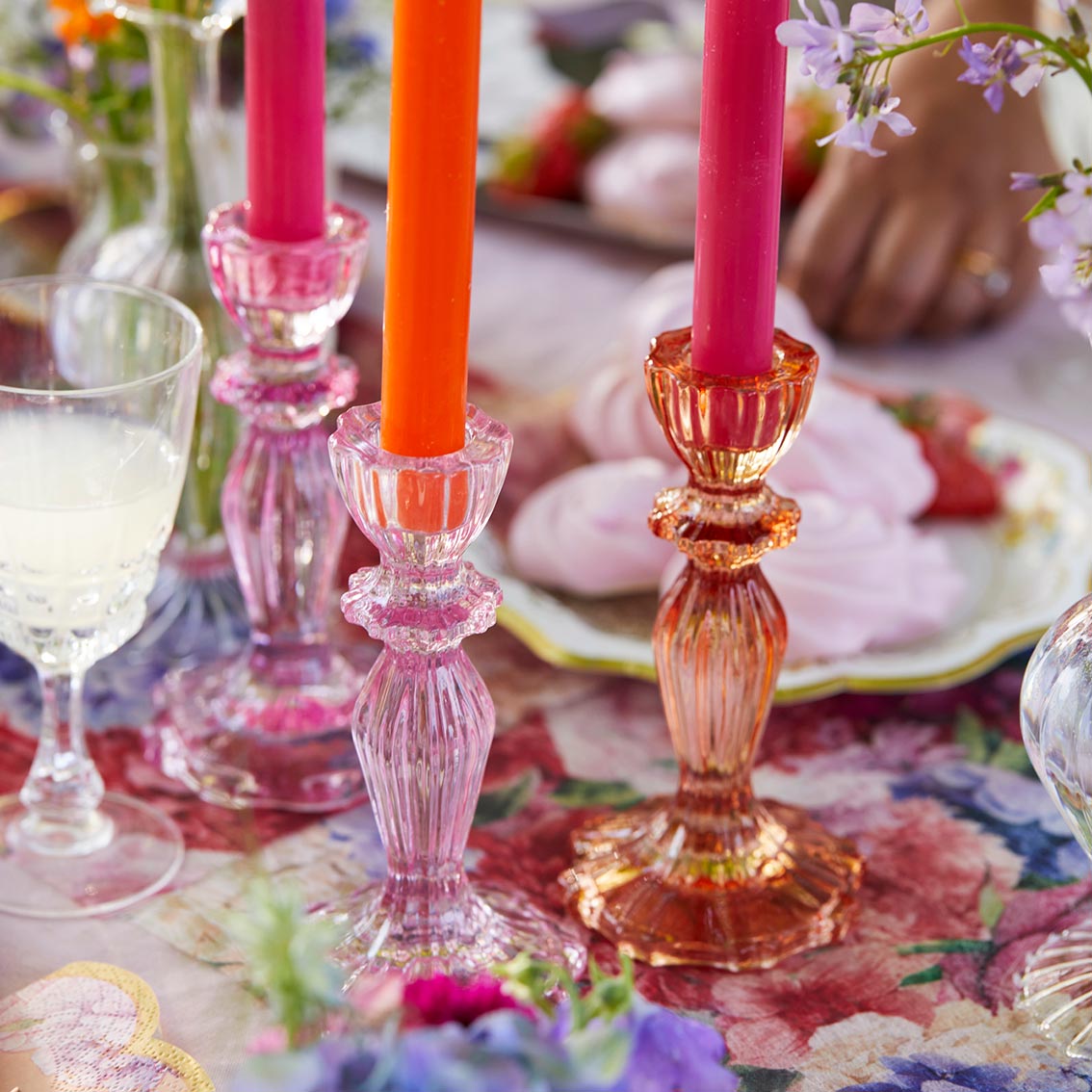 Portavelas de vidrio rosa, decoración de primavera