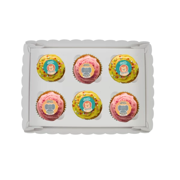 CAJA DE CARTON BLANCA CON TAPA DE PVC PARA 6 CUPCAKES