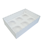 CAJA DE CARTON BLANCA CON TAPA DE PVC PARA 6 CUPCAKES
