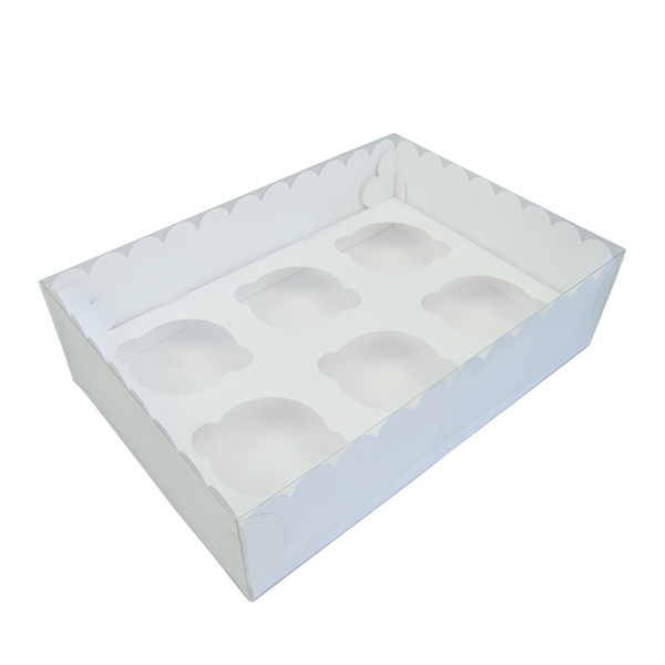 CAJA DE CARTON BLANCA CON TAPA DE PVC PARA 6 CUPCAKES