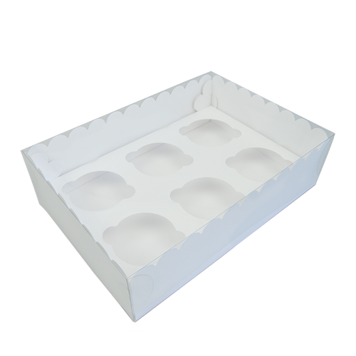 CAJA DE CARTON BLANCA CON TAPA DE PVC PARA 6 CUPCAKES