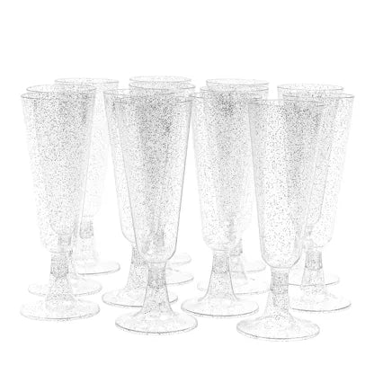 Copas de champán de plástico con purpurina plateada
