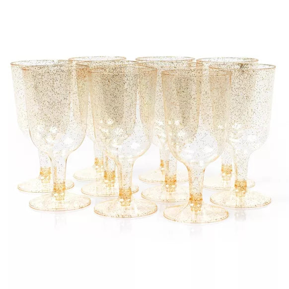 Copas de vino de plástico multiusos con purpurina dorada (150 ml)