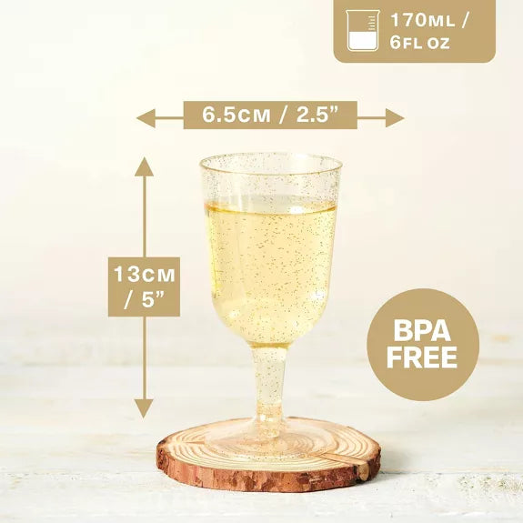 Copas de vino de plástico multiusos con purpurina dorada (150 ml)