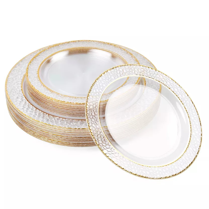 Platos transparente premium con borde dorado martilla 19 cm postre