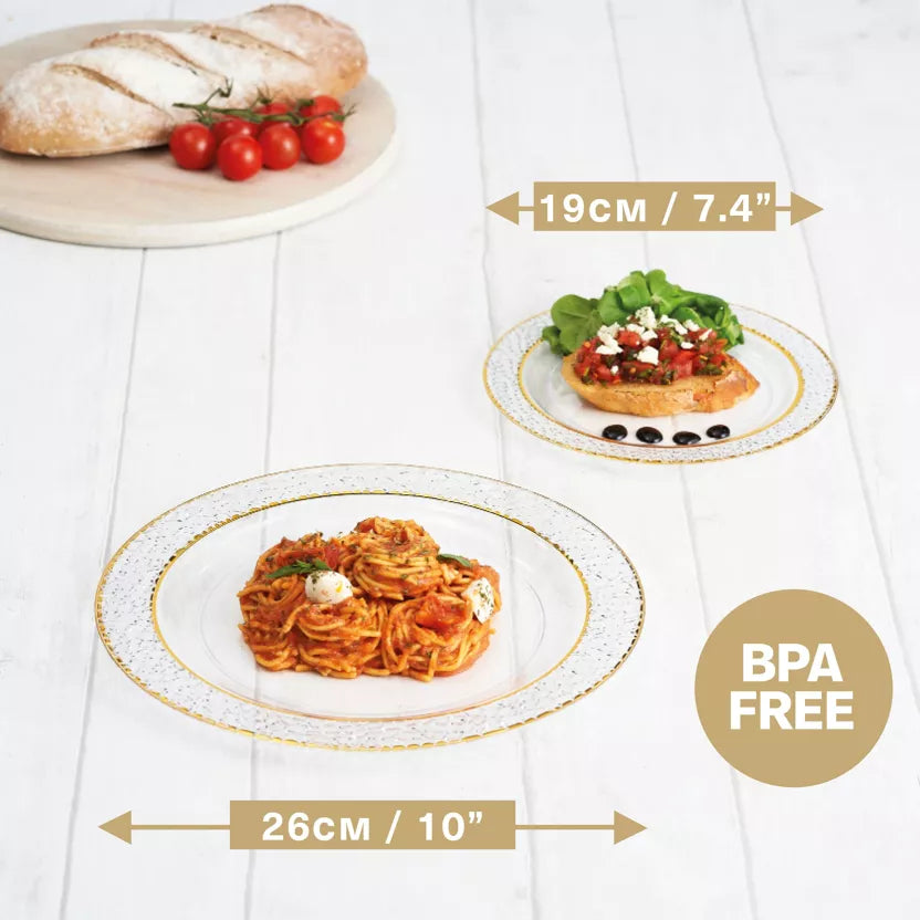 Platos transparente premium con borde dorado martilla 19 cm postre