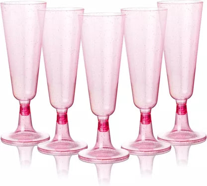 Copa de champán de plástico rosa con purpurina (150 ml)