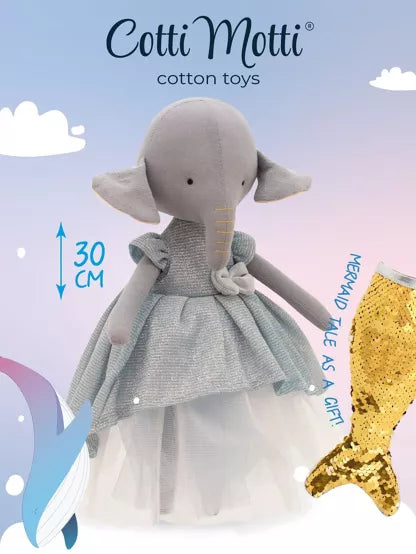 Peluche de algodón de Cotti Motti - Ali el elefante: vestido azul claro + cuento de sirena de regalo (30 cm)
