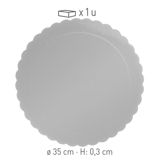 PLATO REDONDO PARA TARTA ONDULADO PLATA 3 MM 35CM