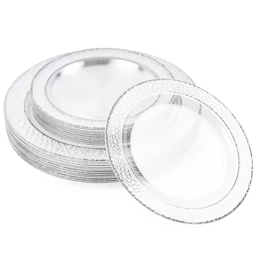 Platos transparente premium con borde plateado martilla 26 cm