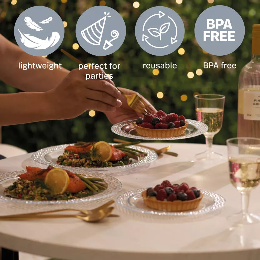 Platos transparente premium con borde plateado martilla 19 cm postre