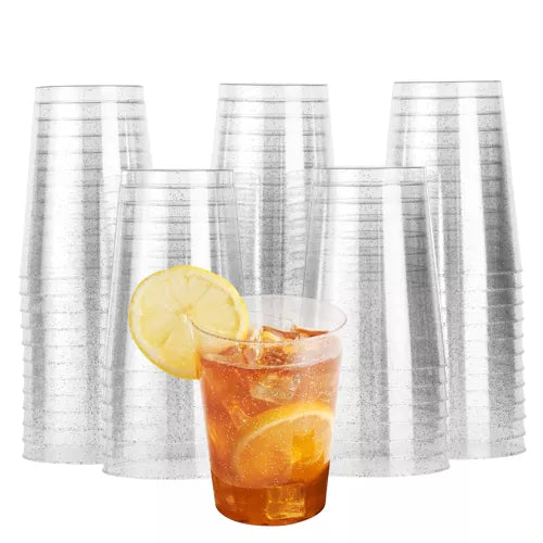Vasos de plástico duro transparente con purpurina plateada (285 ml)