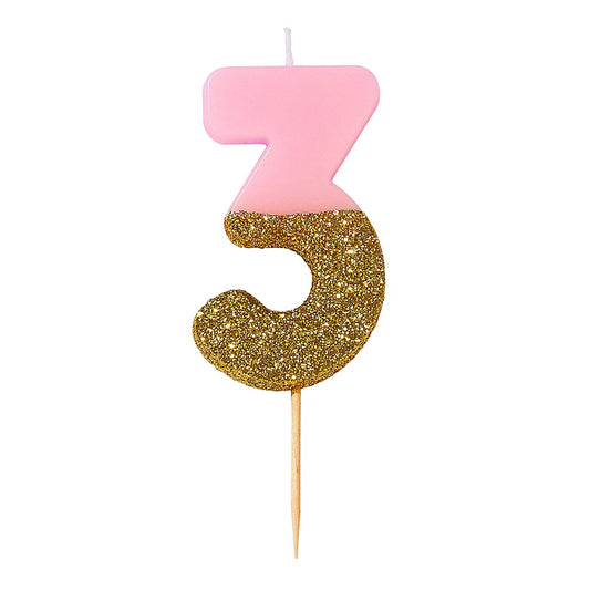 Vela número 3 rosa y dorado