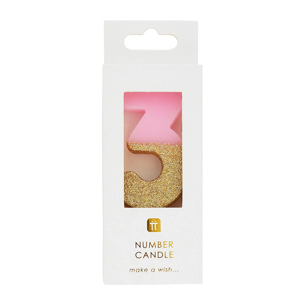 Vela número 3 rosa y dorado