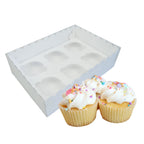 CAJA DE CARTON BLANCA CON TAPA DE PVC PARA 6 CUPCAKES