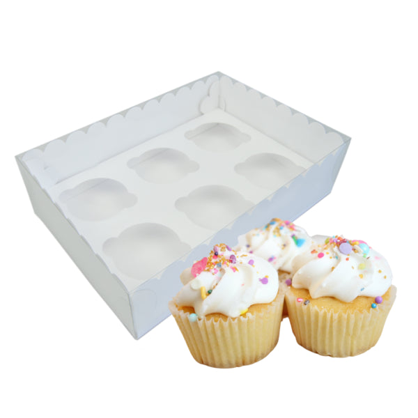 CAJA DE CARTON BLANCA CON TAPA DE PVC PARA 6 CUPCAKES