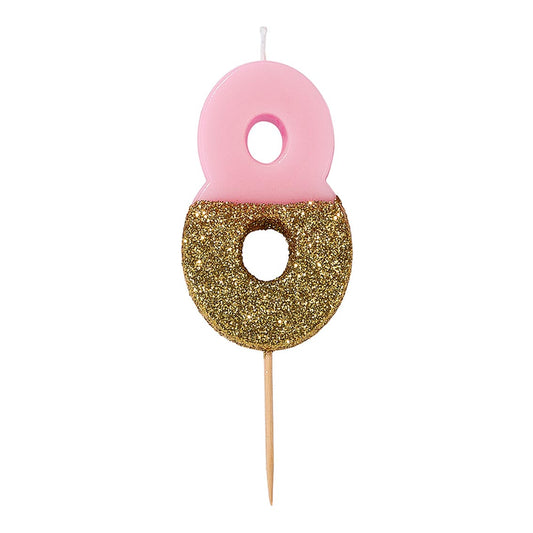 Velas número 8, purpurina rosa