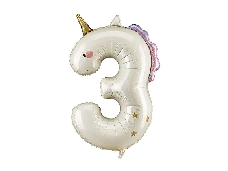 Globo de aluminio con el número ''3'' Unicornio, 93 cm, surtido