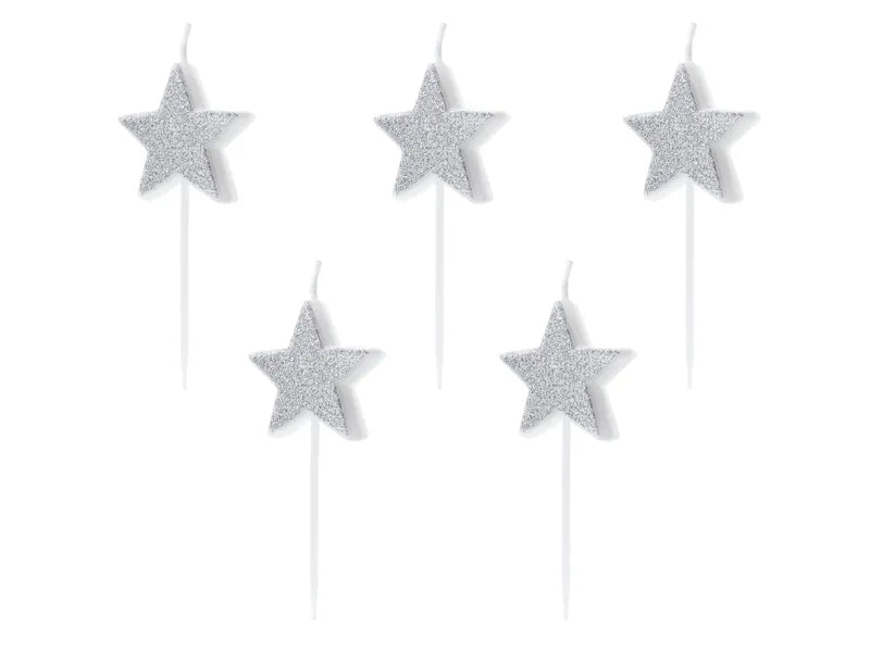Velas de cumpleaños con forma de estrella, plateadas, 3,5 cm