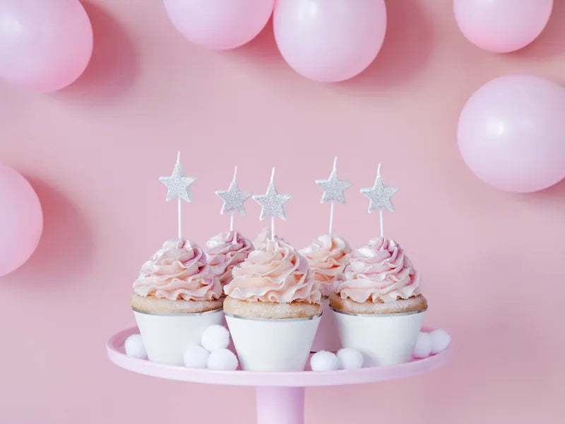 Velas de cumpleaños con forma de estrella, plateadas, 3,5 cm