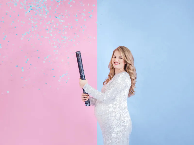Cañón de confeti para revelar el sexo del bebé - Listo para usar, azul, 60 cm