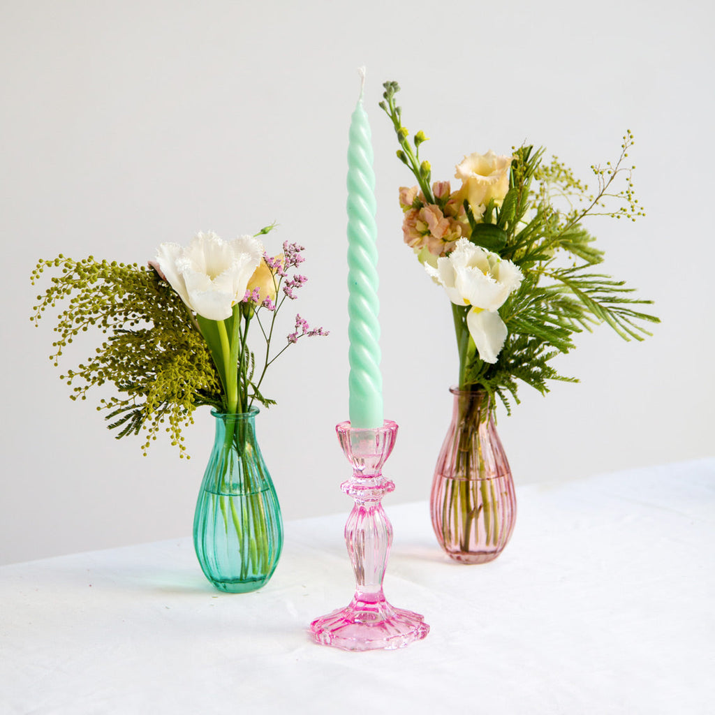 Portavelas de vidrio rosa, decoración de primavera