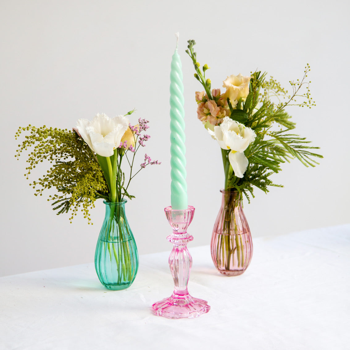 Portavelas de vidrio rosa, decoración de primavera