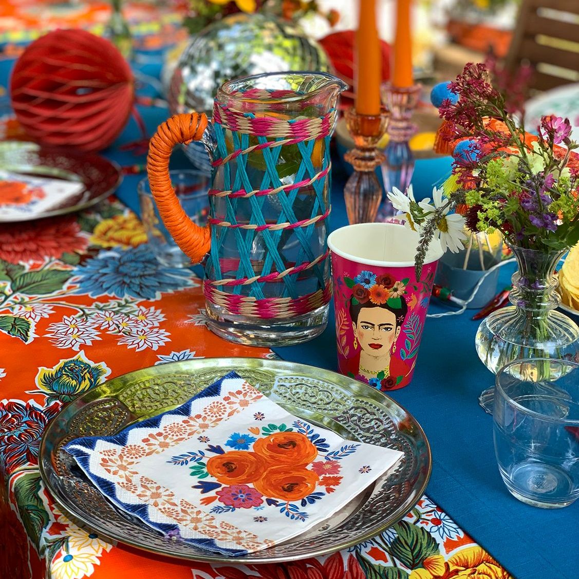 Servilletas de flores azul y naranja Boho - Paquete de 20