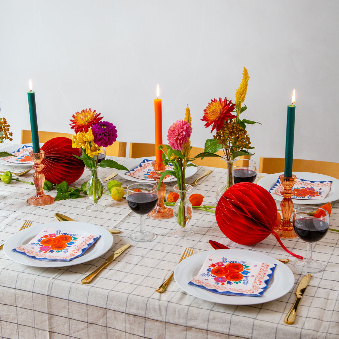 Servilletas de flores azul y naranja Boho - Paquete de 20