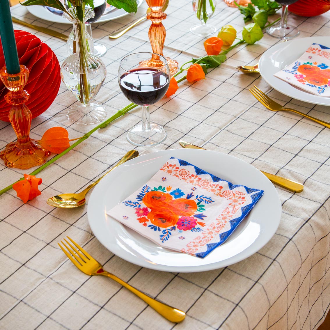 Servilletas de flores azul y naranja Boho - Paquete de 20