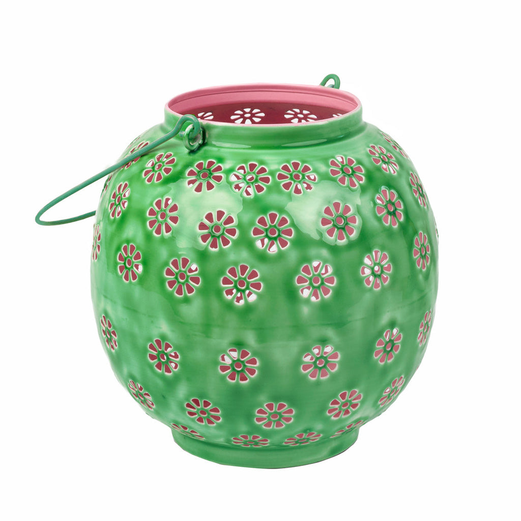 Farol metálico con flores geométricas en verde y rosa - Grande