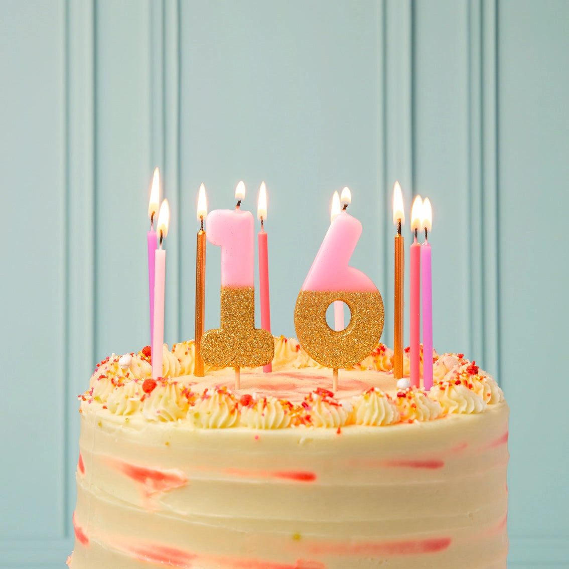 Velas de cumpleaños rosas largas - Paquete de 16