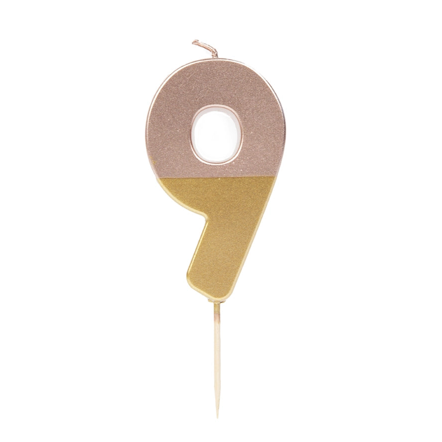 Vela número 9 con purpurina en oro rosa