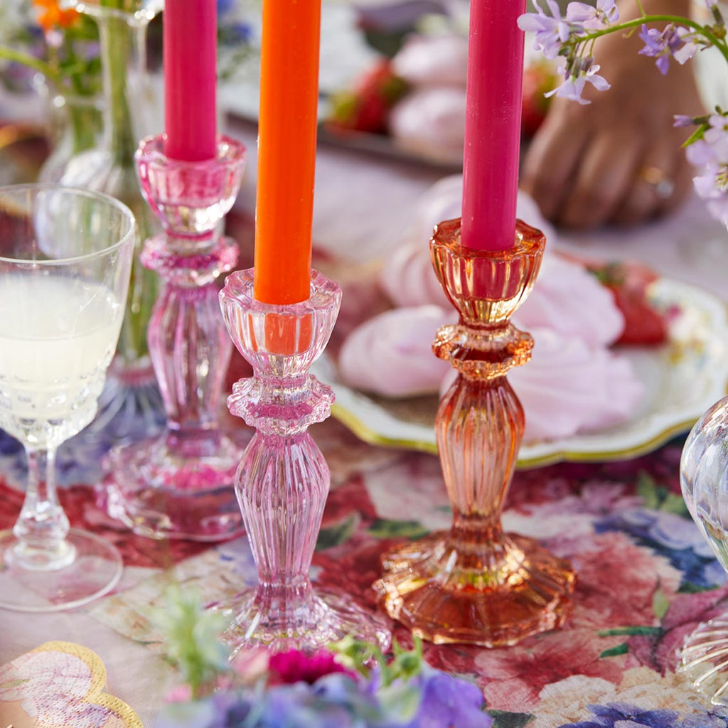 Portavelas de vidrio rosa, decoración de primavera